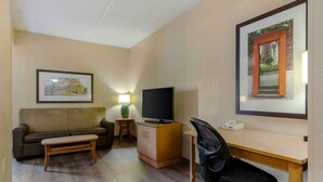 Habitación de hotel con sofá, escritorio con silla, televisión, un mueble pequeño, un cuadro en la pared y una lámpara.