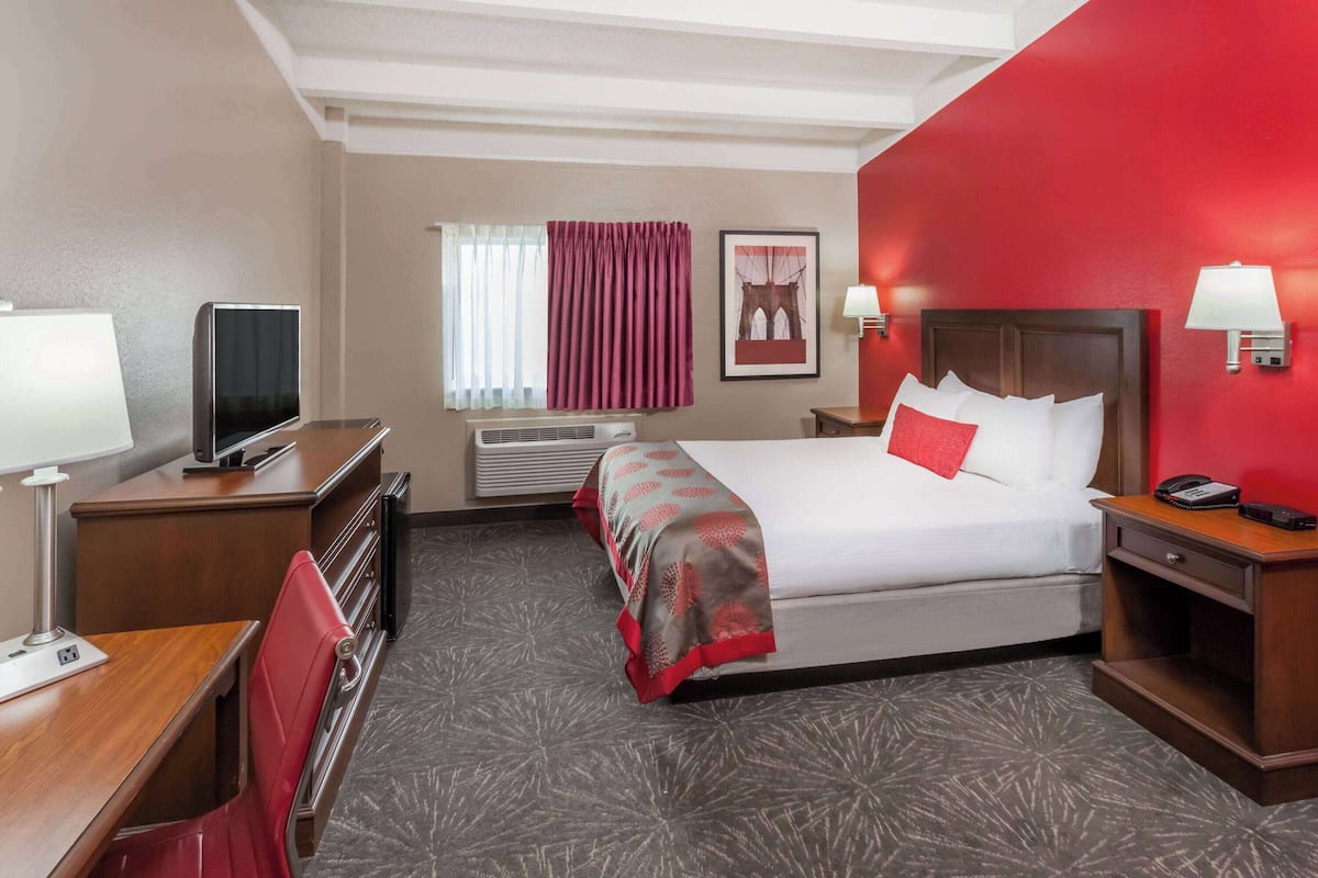 A hotel room with a bed, a desk, a chair, a TV, a lamp, and a picture on the wall.