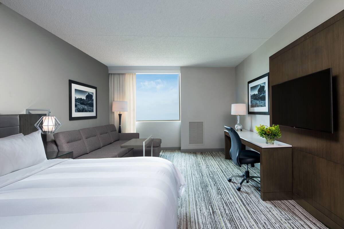A hotel room with a bed, a sofa, a desk, a chair, a TV, and a window with a view.
