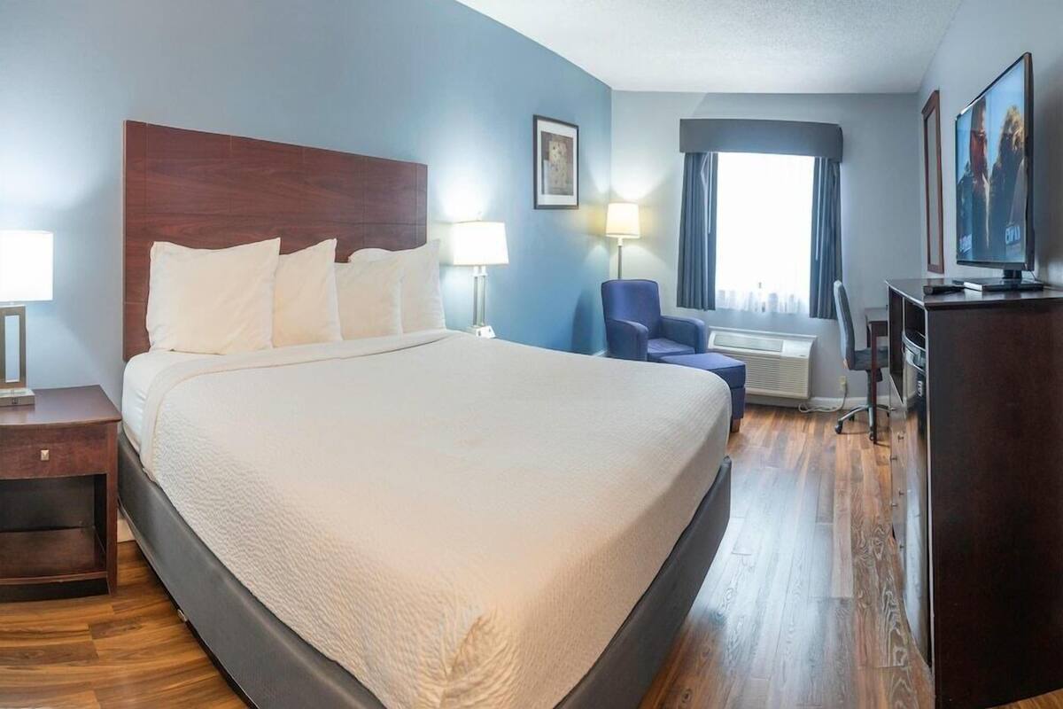 A hotel room with a large bed, a desk, a chair, a television, and a window with curtains.