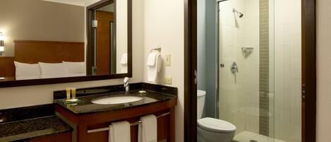 A hotel bathroom with a sink, mirror, and toilet.