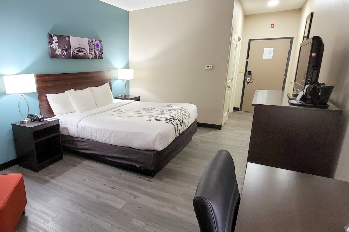 A hotel room with a bed, a desk, a chair, and a TV.
