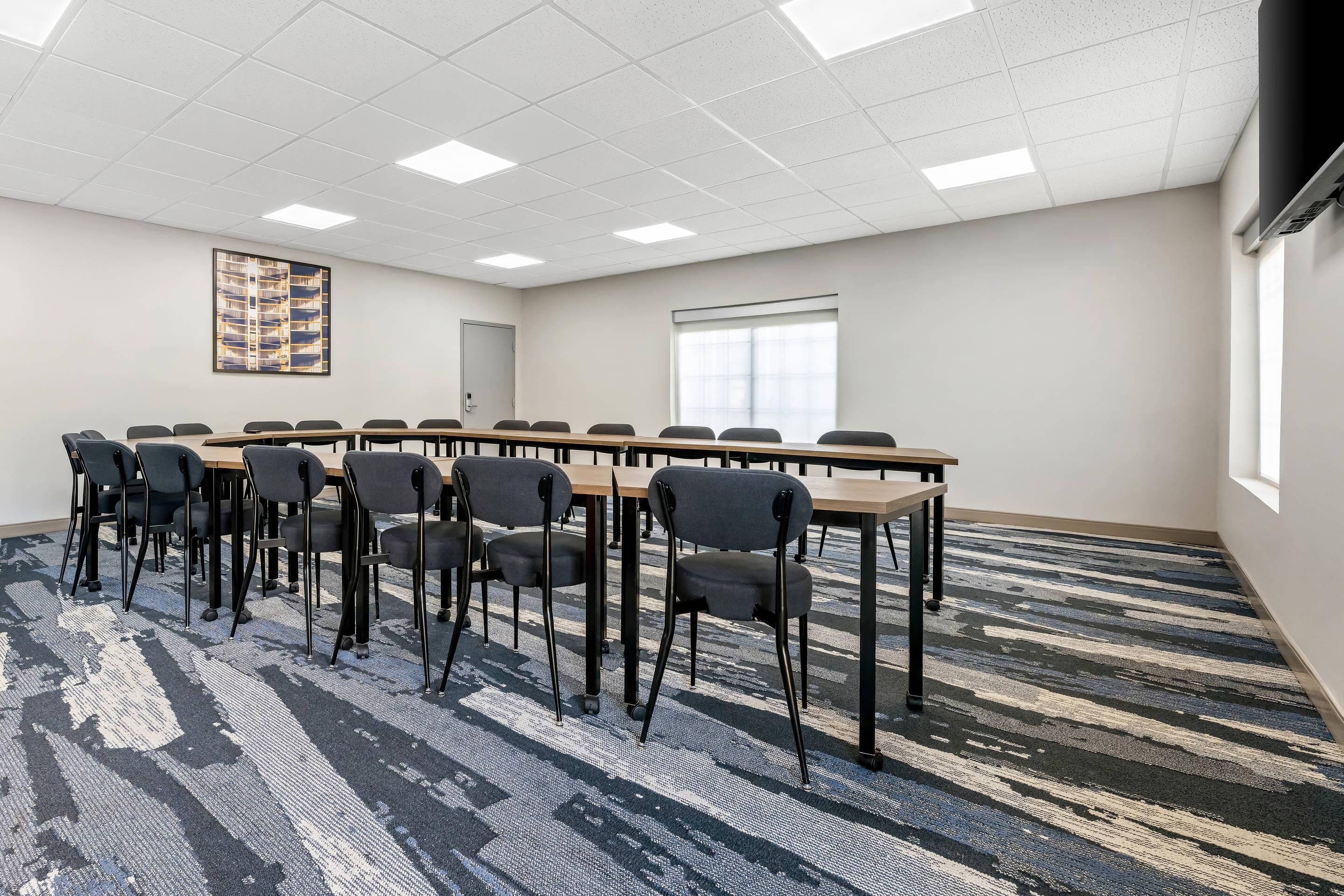 Una sala conferenze con un lungo tavolo, sedie, pavimento con moquette, un quadro incorniciato al muro e una finestra.