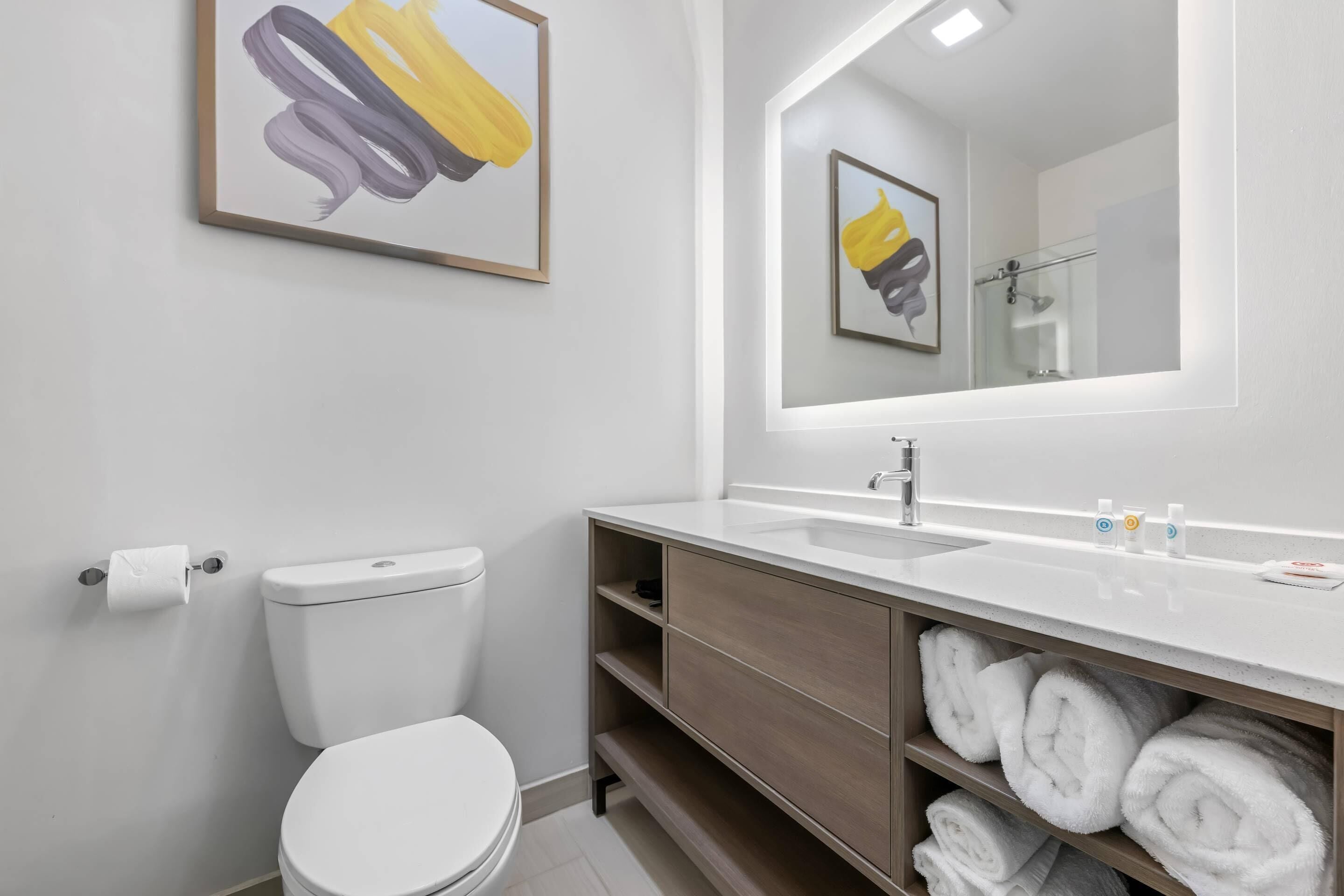 A modern bathroom with a toilet, sink, and a large mirror.