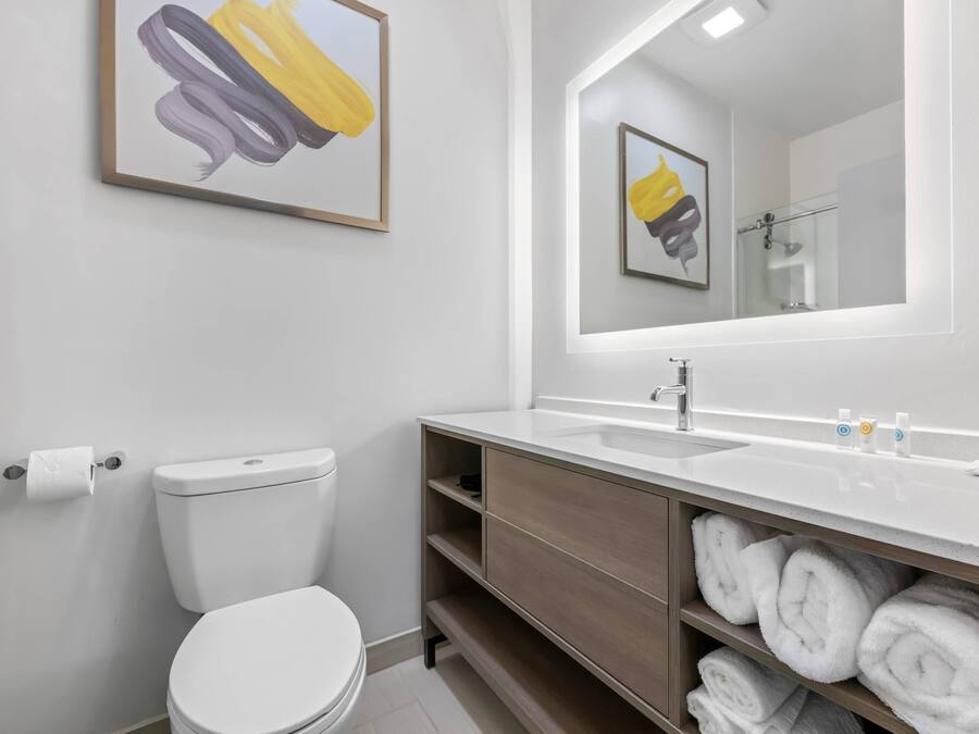 Un baño moderno con inodoro, lavabo y un espejo grande.