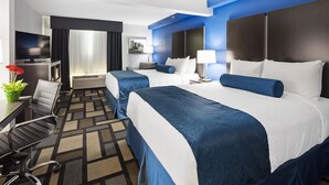 A hotel room with two beds, a desk, a chair, a TV, and a cityscape view. - Best Western Plus Birmingham Inn & Suites (Birmingham)