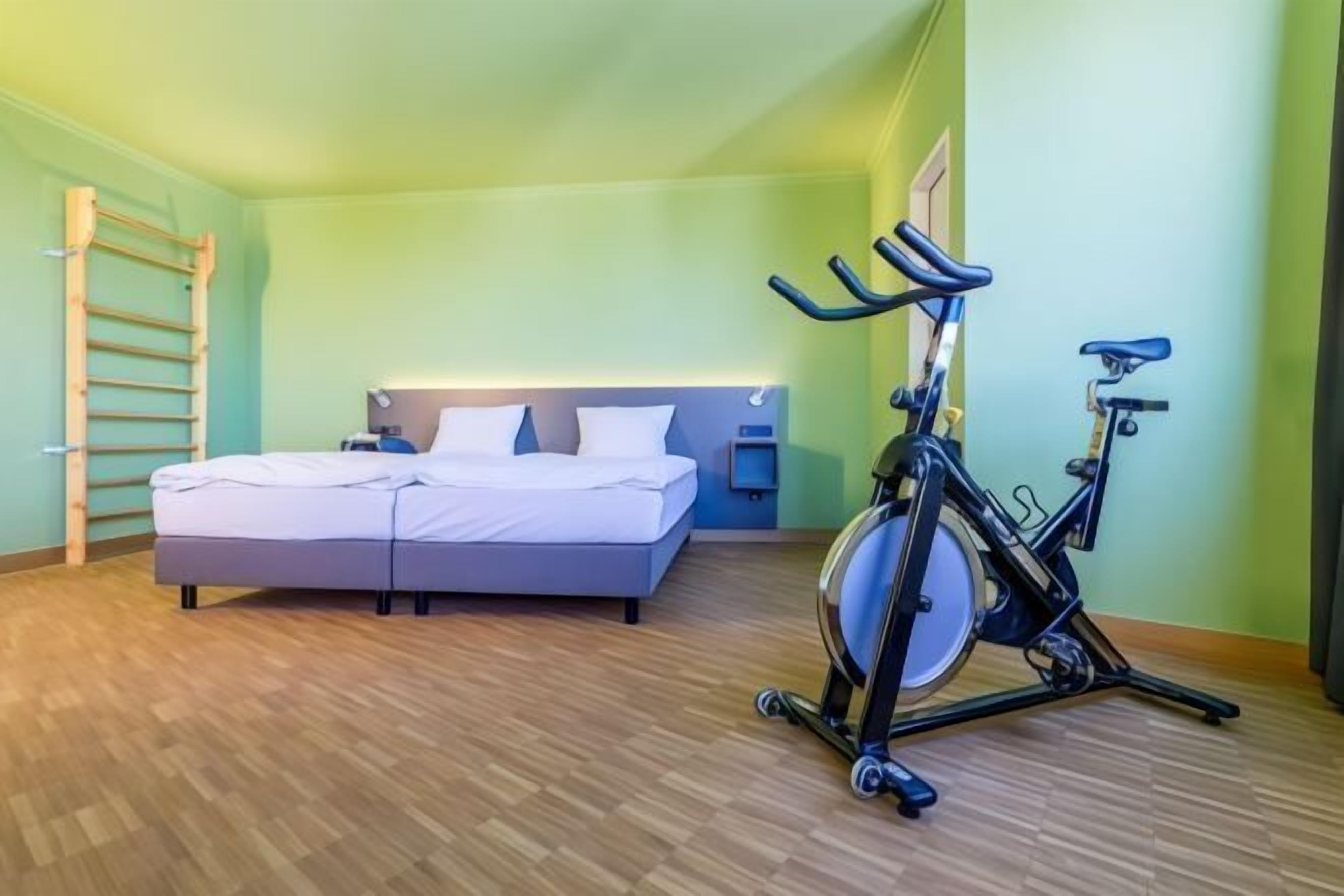 A bedroom with a bed, a wall-mounted exercise bike, and a wooden ladder.