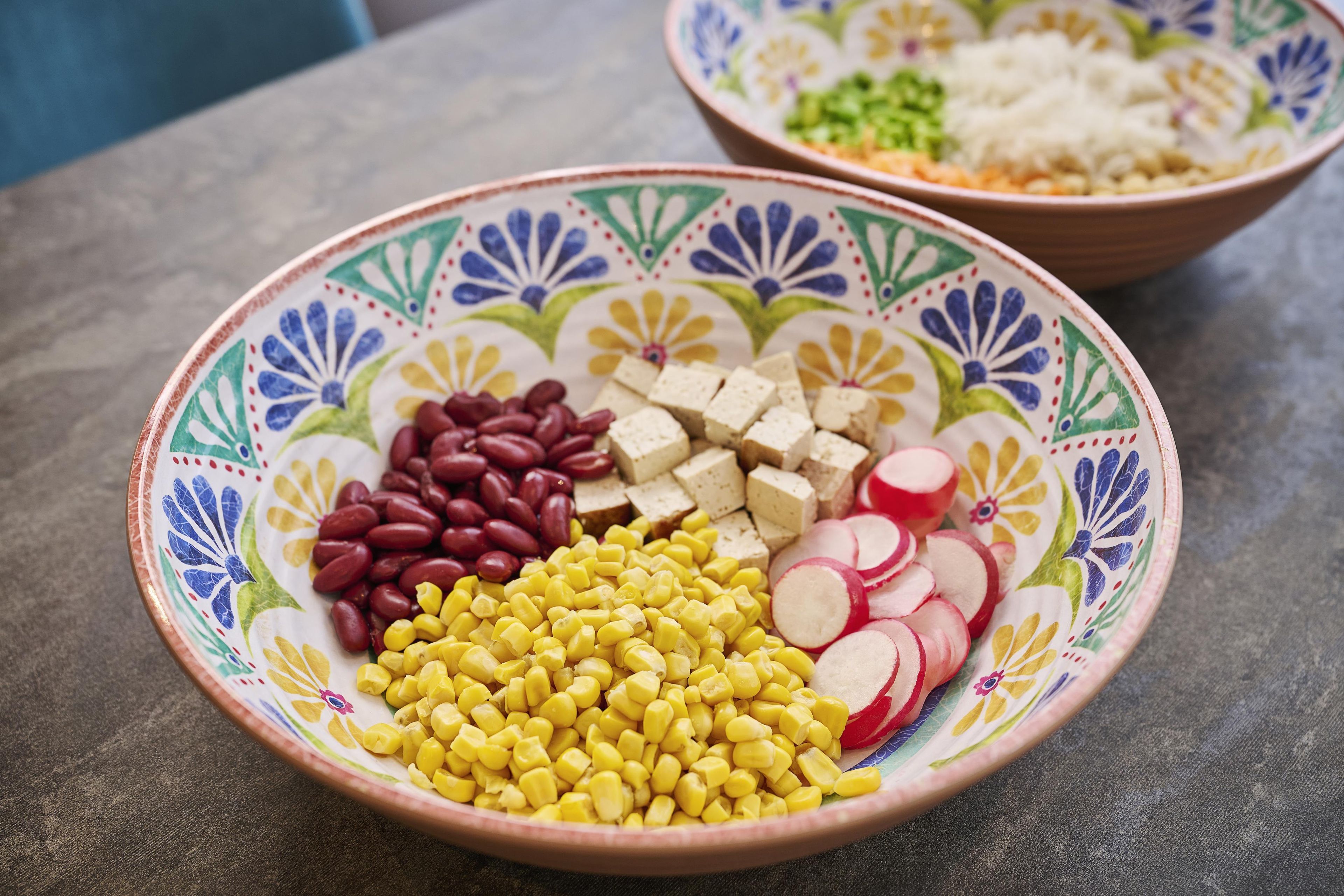 A plate with kidney beans, tofu, corn, and radishes.