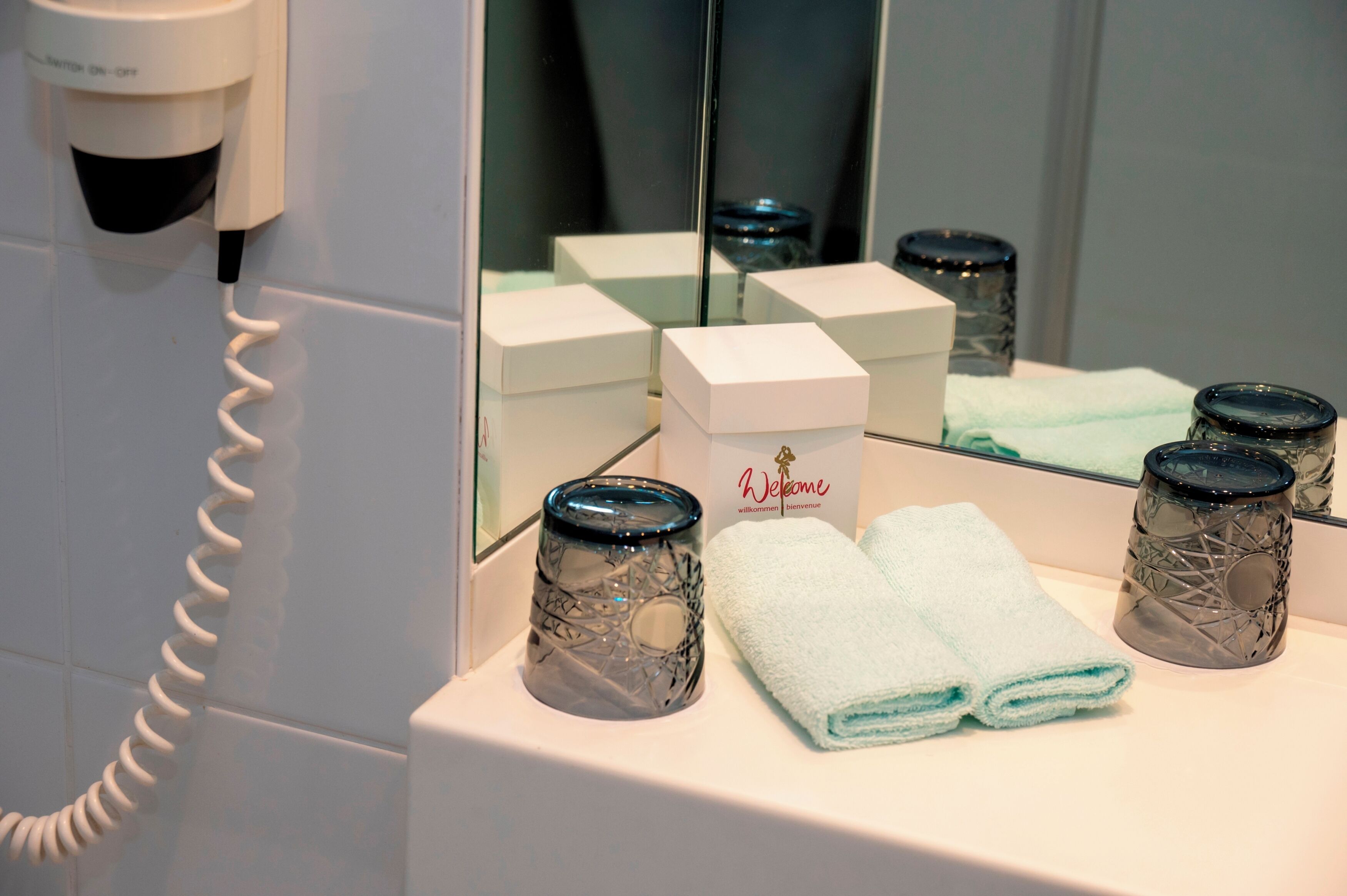 business room | bathroom | shower, hair dryer, towels