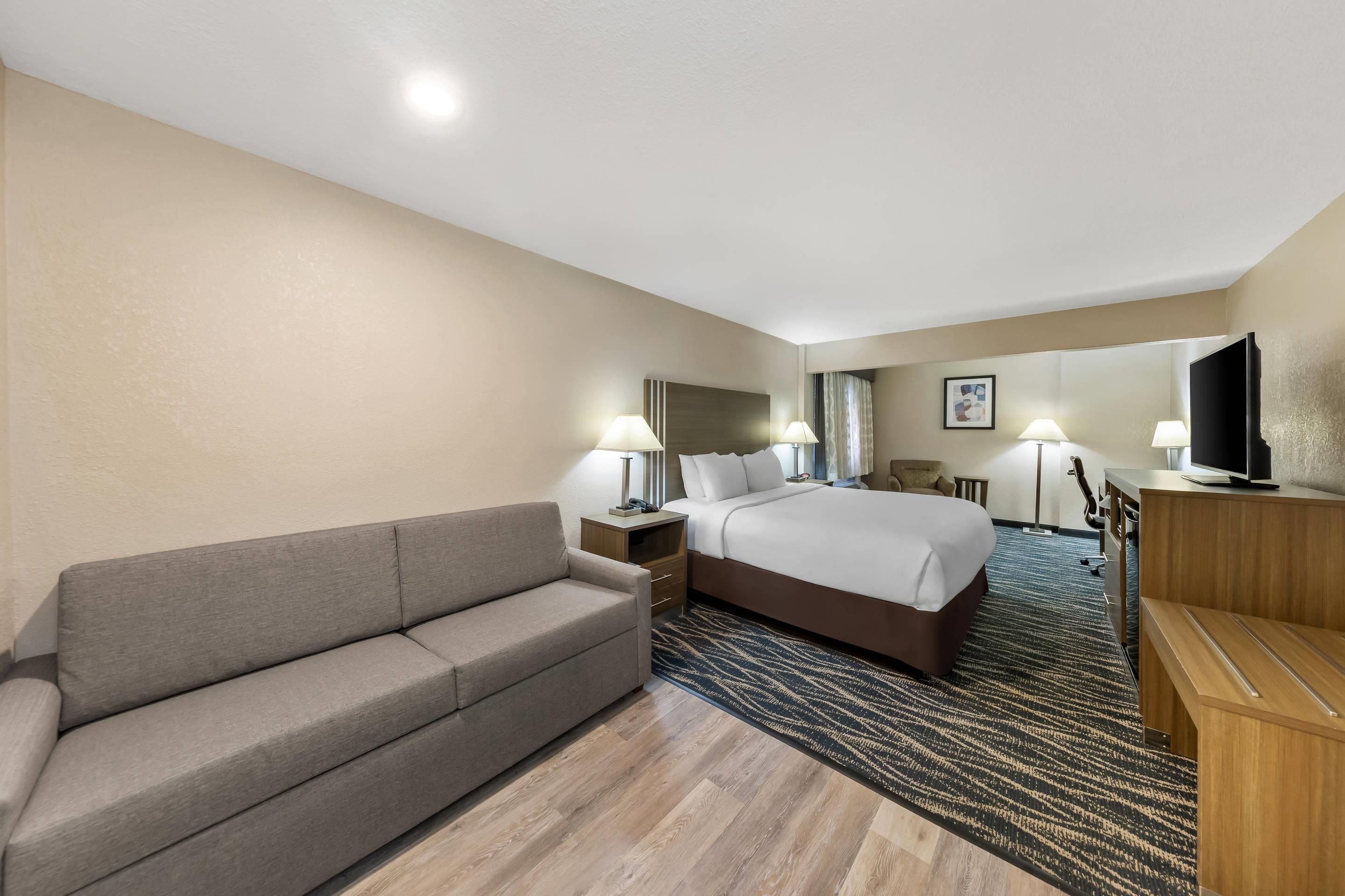 Habitación de hotel con cama, sofá, escritorio, televisión y piso alfombrado.