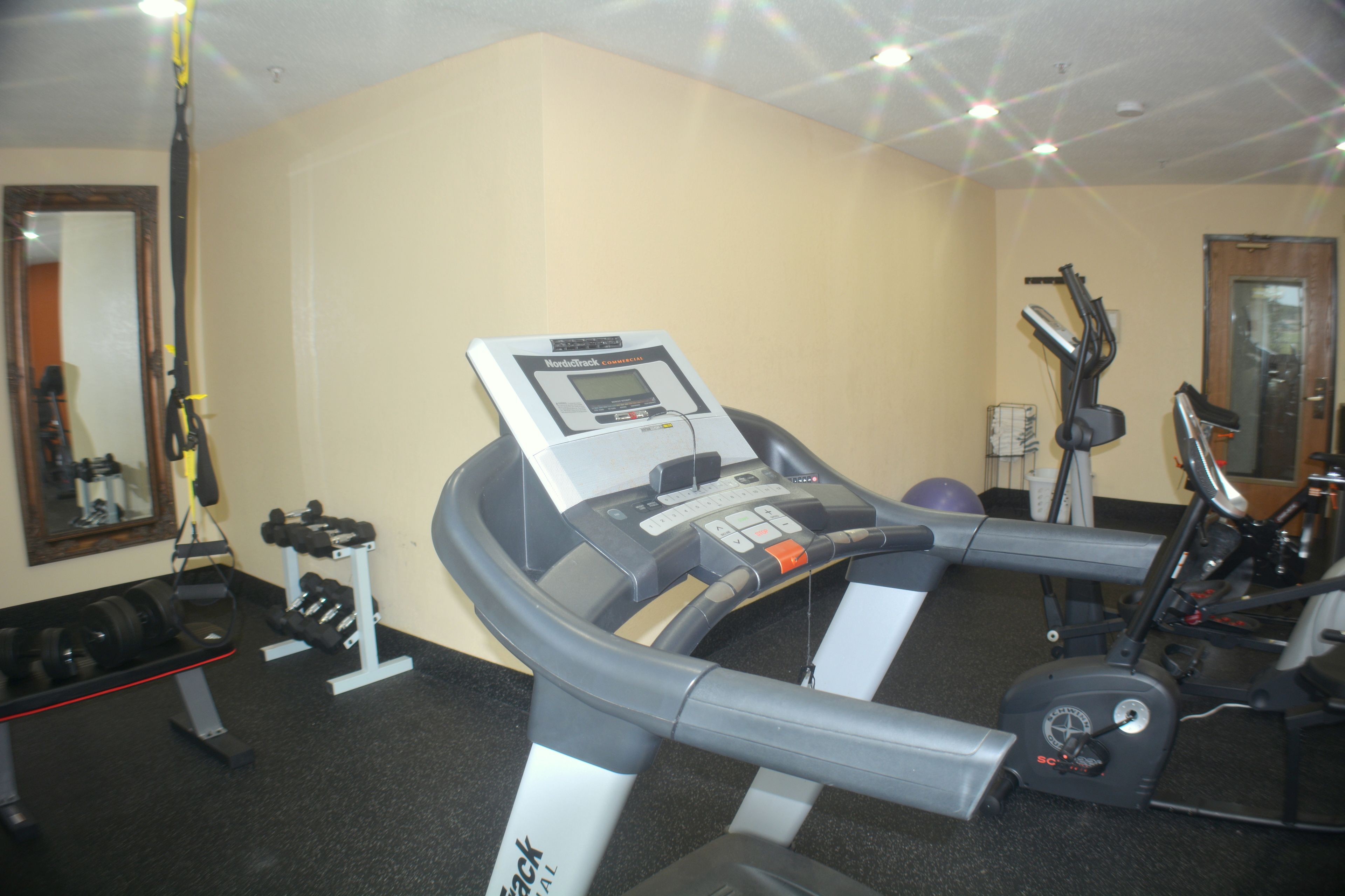 A gym with cardio equipment, dumbbells, and a mirror.