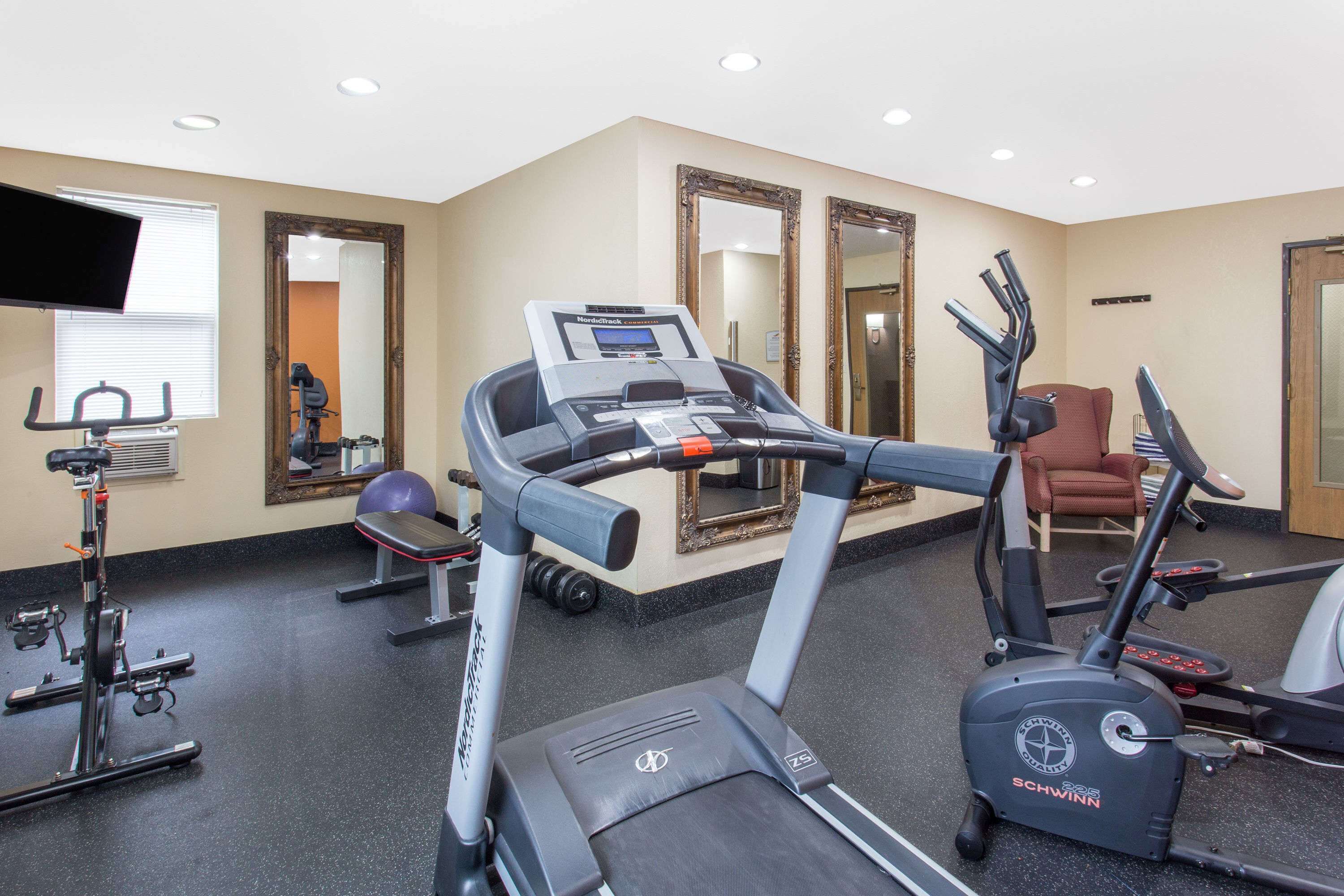 A gym with treadmills, stationary bikes, and weight machines.