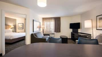 1 bedroom, desk, laptop workspace, blackout drapes