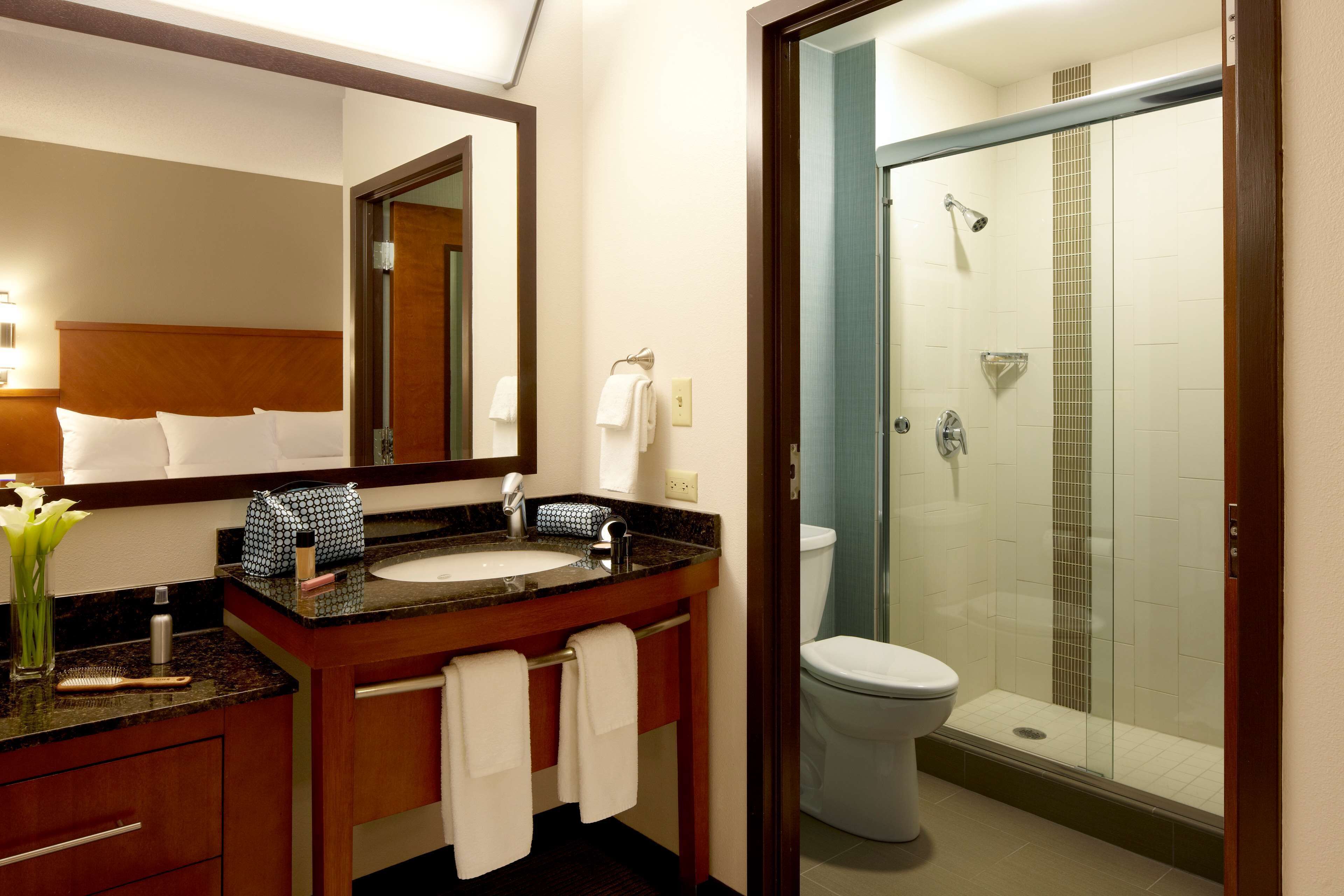 A hotel bathroom with a sink, mirror, and toilet.