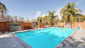 Et rektangulært swimmingpool med flisekant, omgivet af liggestole og en betonflisebelagt terrasse.