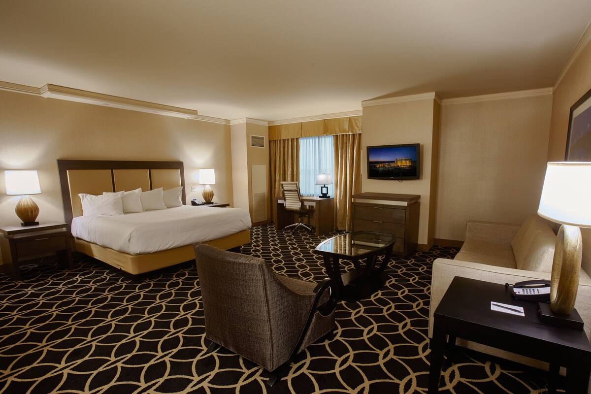 Habitación de hotel con cama, escritorio, silla, televisor y alfombra estampada.