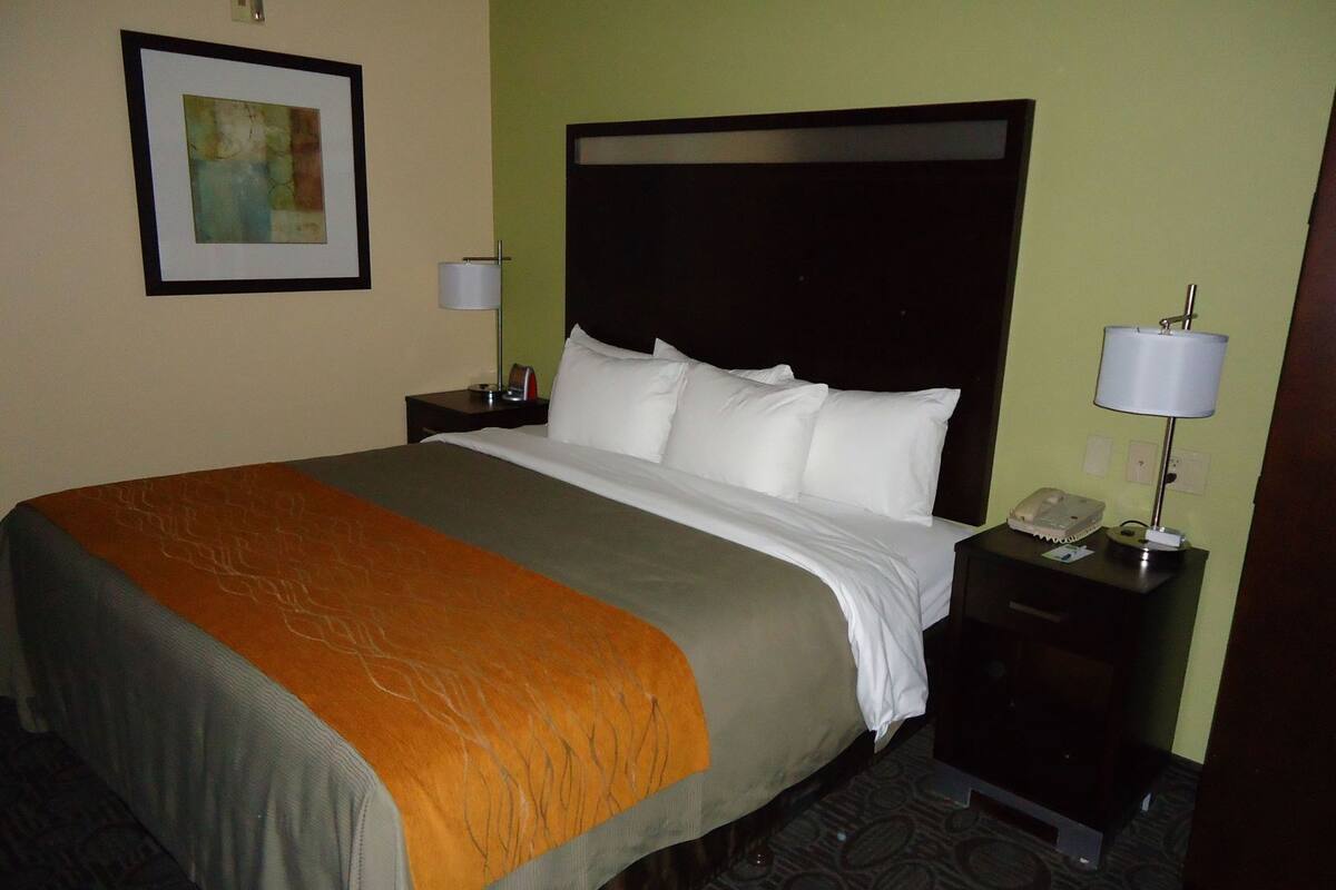 A hotel room with a bed, a nightstand, a lamp, a phone, and a framed picture on the wall.