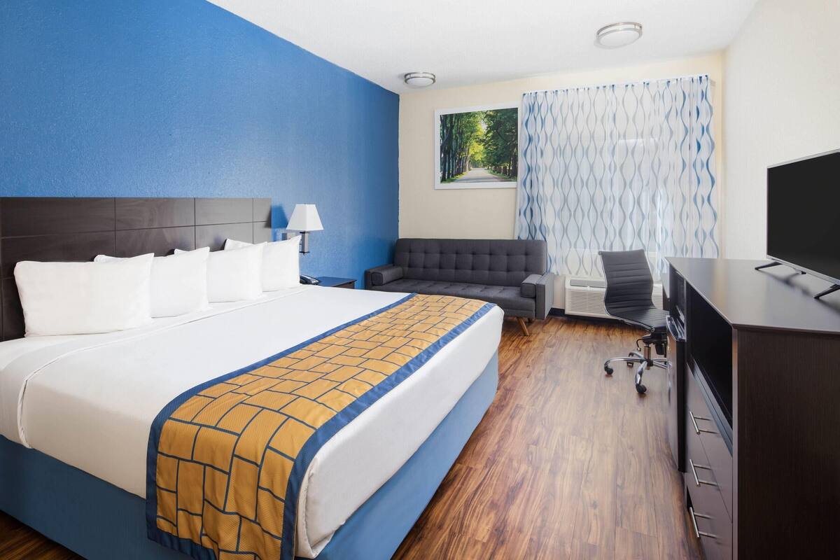 A hotel room with a bed, a sofa, a desk, and a TV.