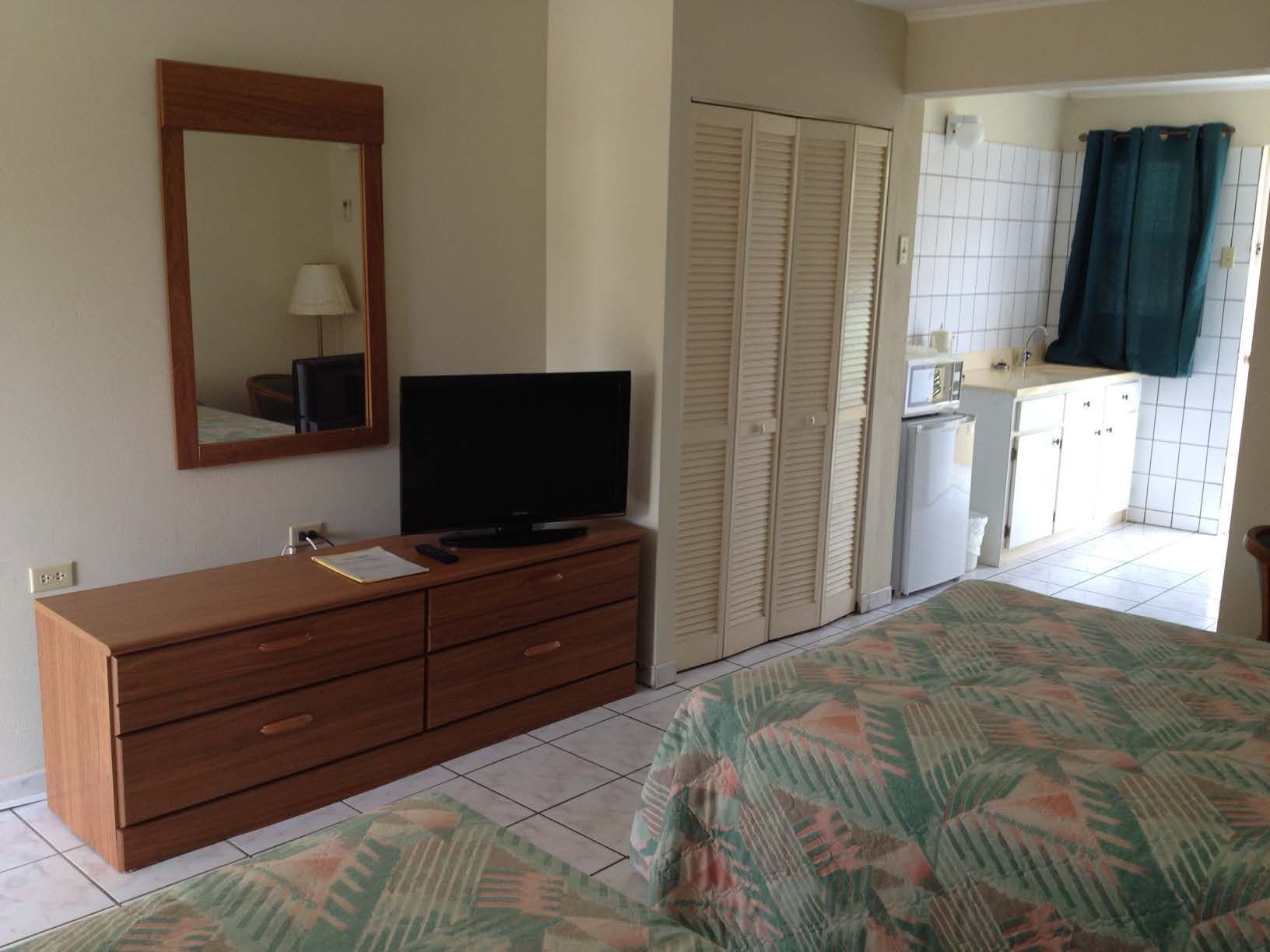 Une chambre d’hôtel avec une commode en bois, un téléviseur, un lit recouvert d’une couvre-lit à motifs, un miroir, une armoire et une salle de bain équipée d’un lavabo et d’un rideau de douche.