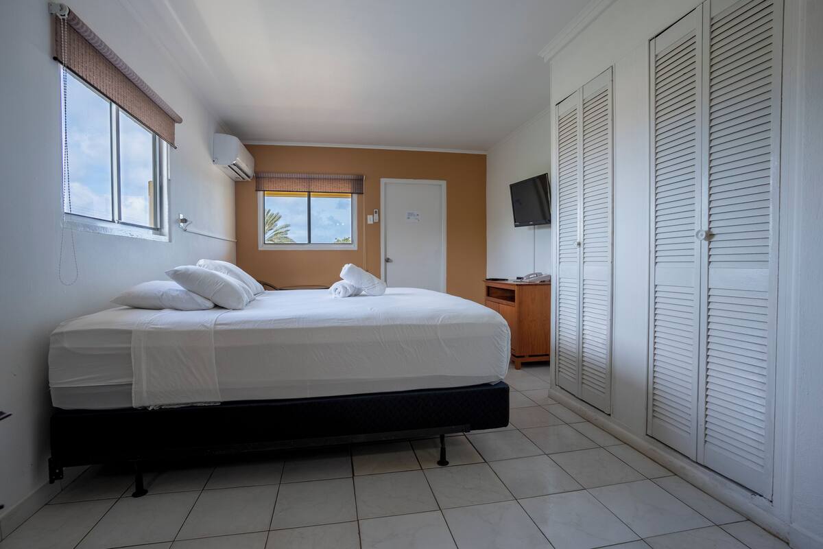 A bedroom with a bed, a desk, a TV, and a wardrobe.