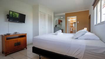 Une chambre d’hôtel avec un lit, une télévision, une armoire en bois et une salle de bain visible à travers une porte ouverte.