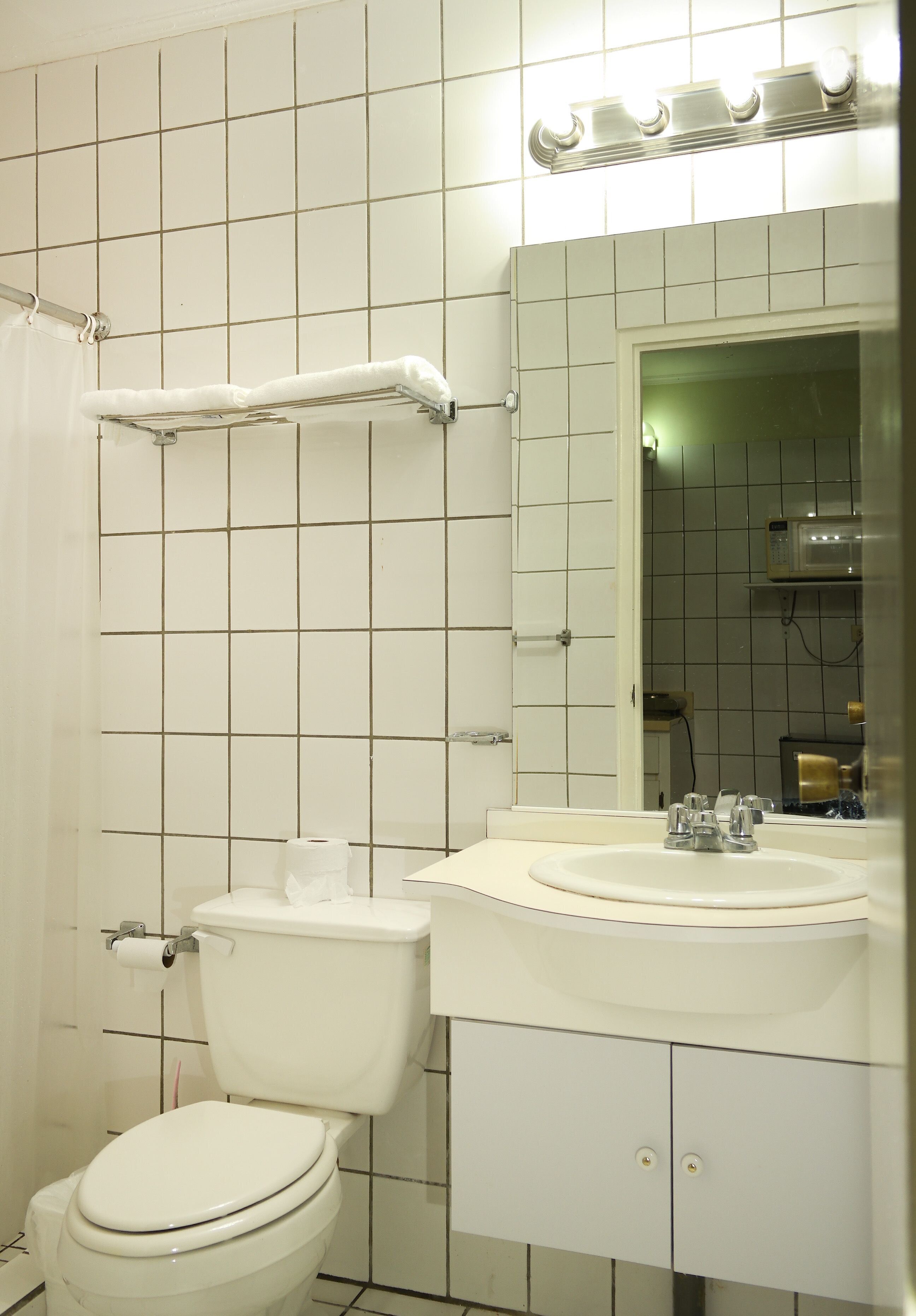 Ein Badezimmer mit Toilette, Waschbecken und Spiegel.