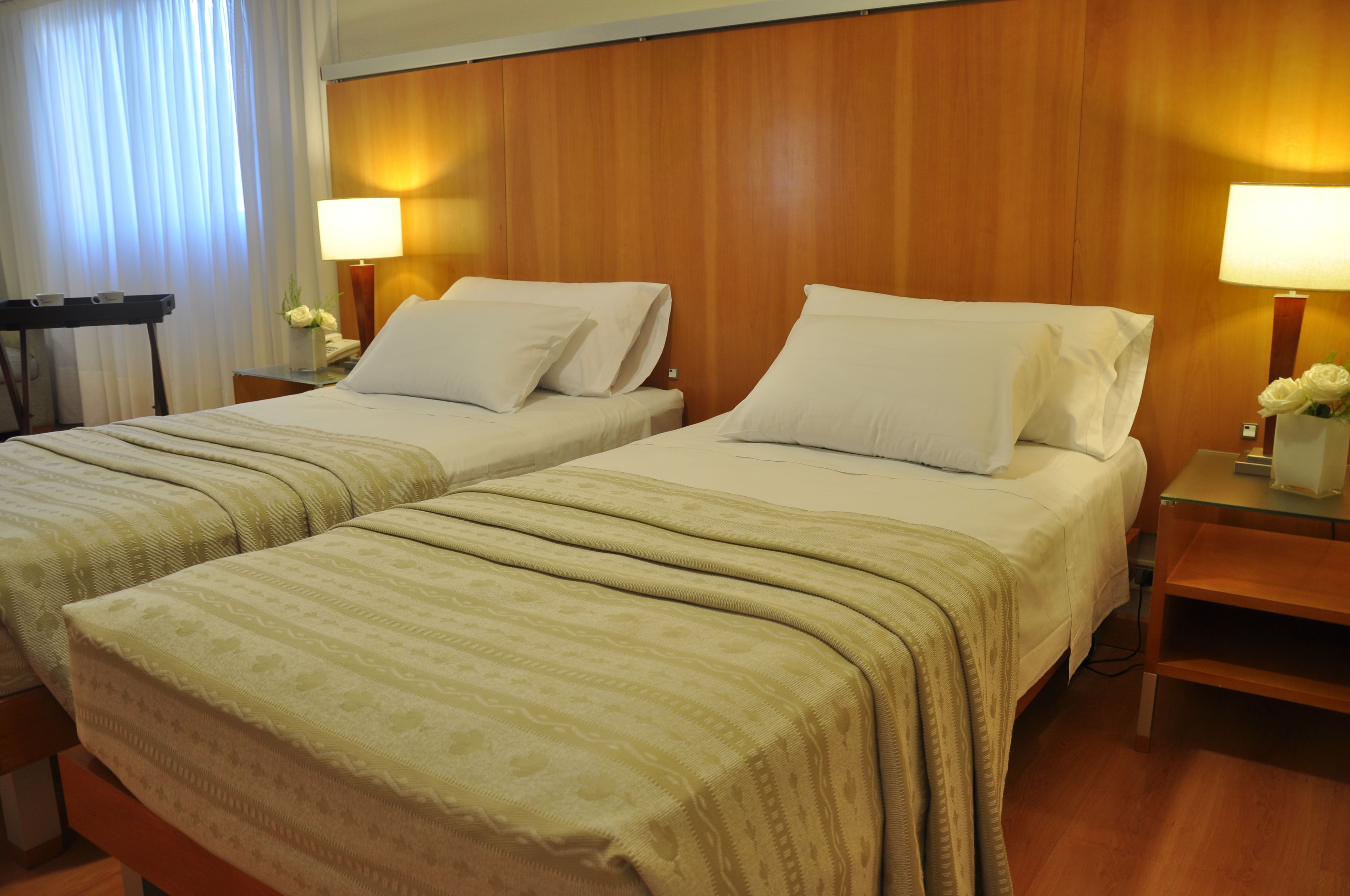 Two single beds with wooden headboards, bedside tables with lamps, and a small desk with a chair.