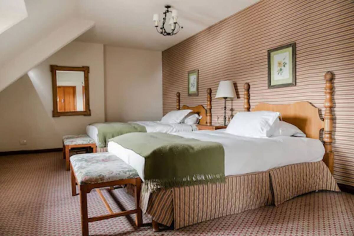 A hotel room with two beds, a wooden headboard, a chandelier, a mirror, and a patterned carpet.
