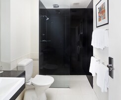 A modern bathroom with a glass-enclosed shower, a toilet, and a sink.