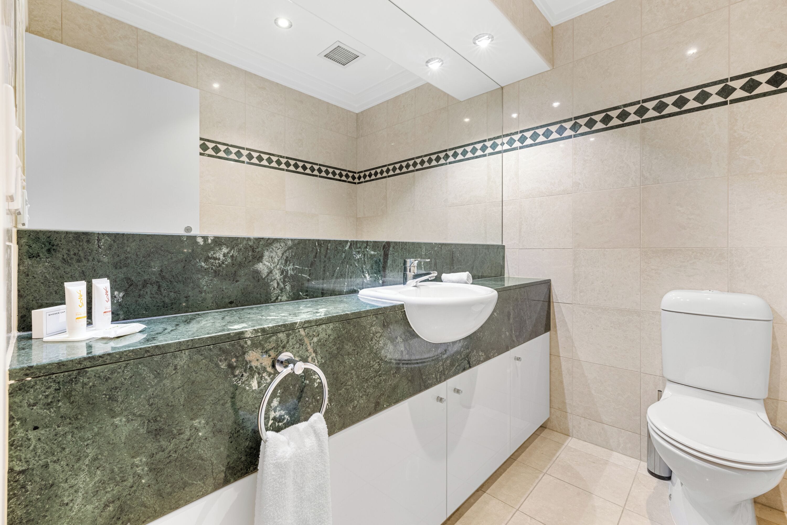 A modern bathroom with a marble countertop, a sink, a toilet, and a shower area.