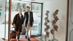 A modern hotel entrance with a glass door, a potted plant with dried flowers, and a red carpet leading inside. - Stadtoase Kolping Hotel (Linz)