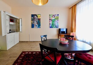 Family Apartment | Private kitchen | Full-sized fridge, microwave, stovetop, espresso maker