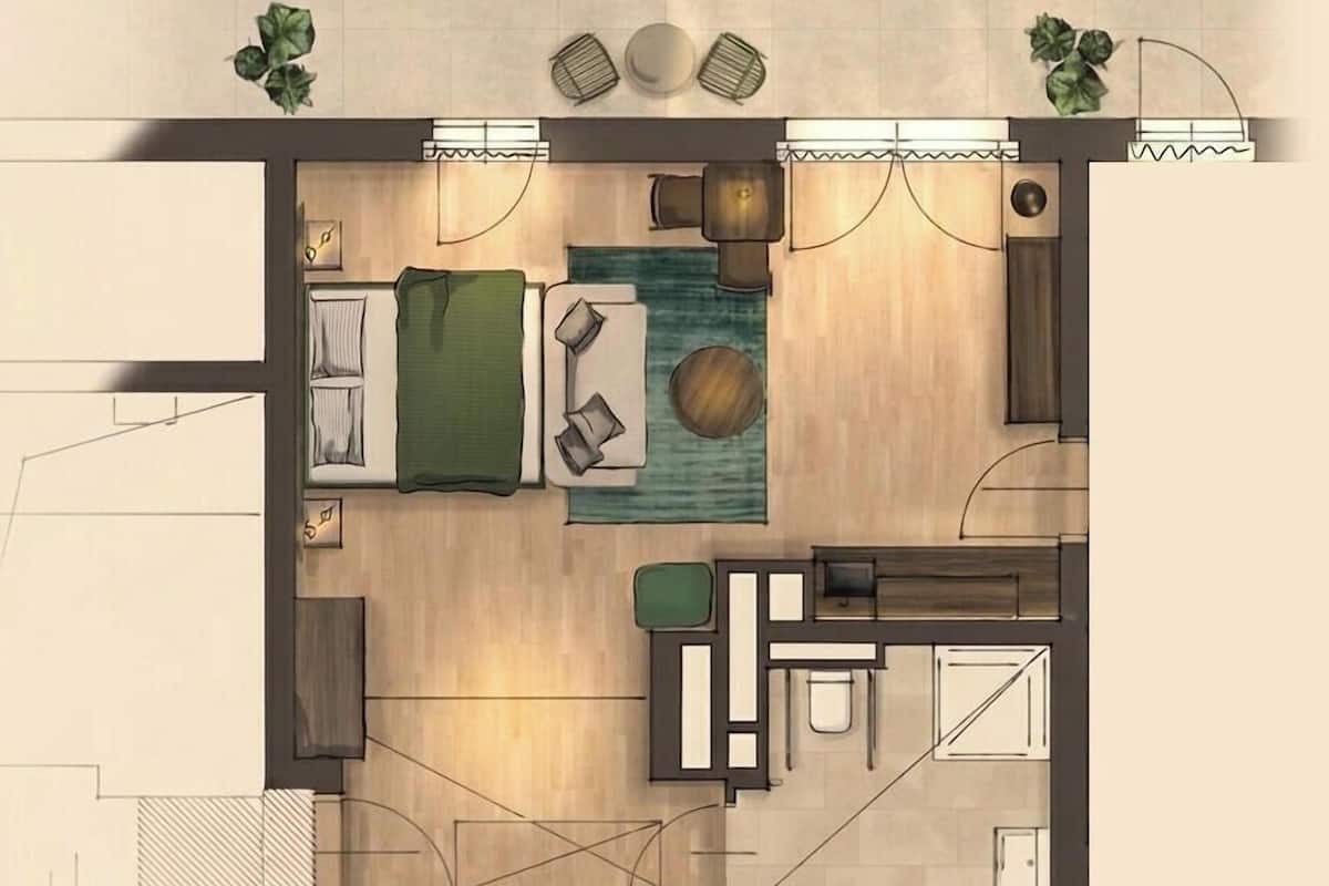 Ropa de cama de alta calidad y caja de seguridad en la habitación