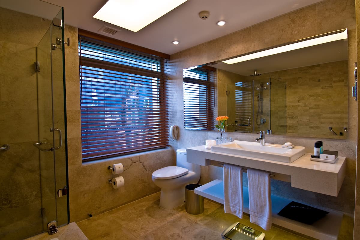 Combined shower/bathtub, rainfall showerhead, hair dryer, dressing gowns