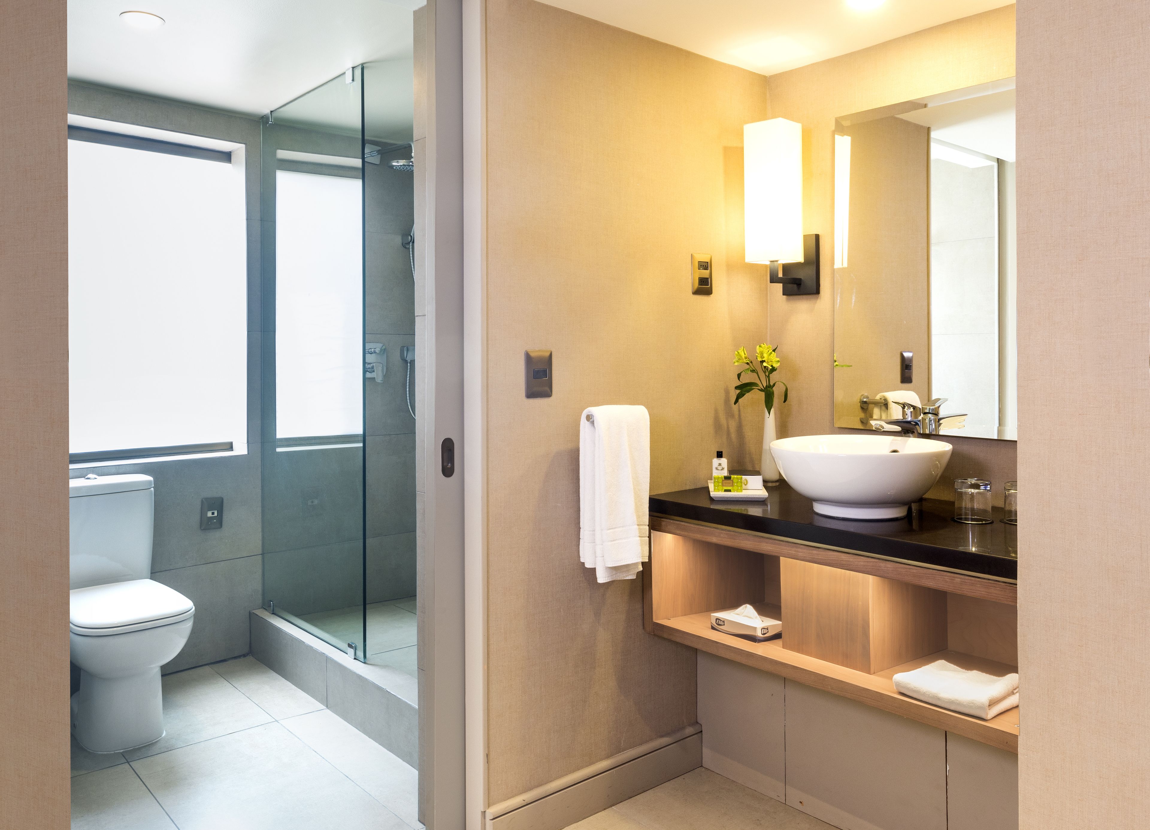 A modern bathroom with a glass-enclosed shower, a white toilet, a sink with a mirror, and a towel rack.