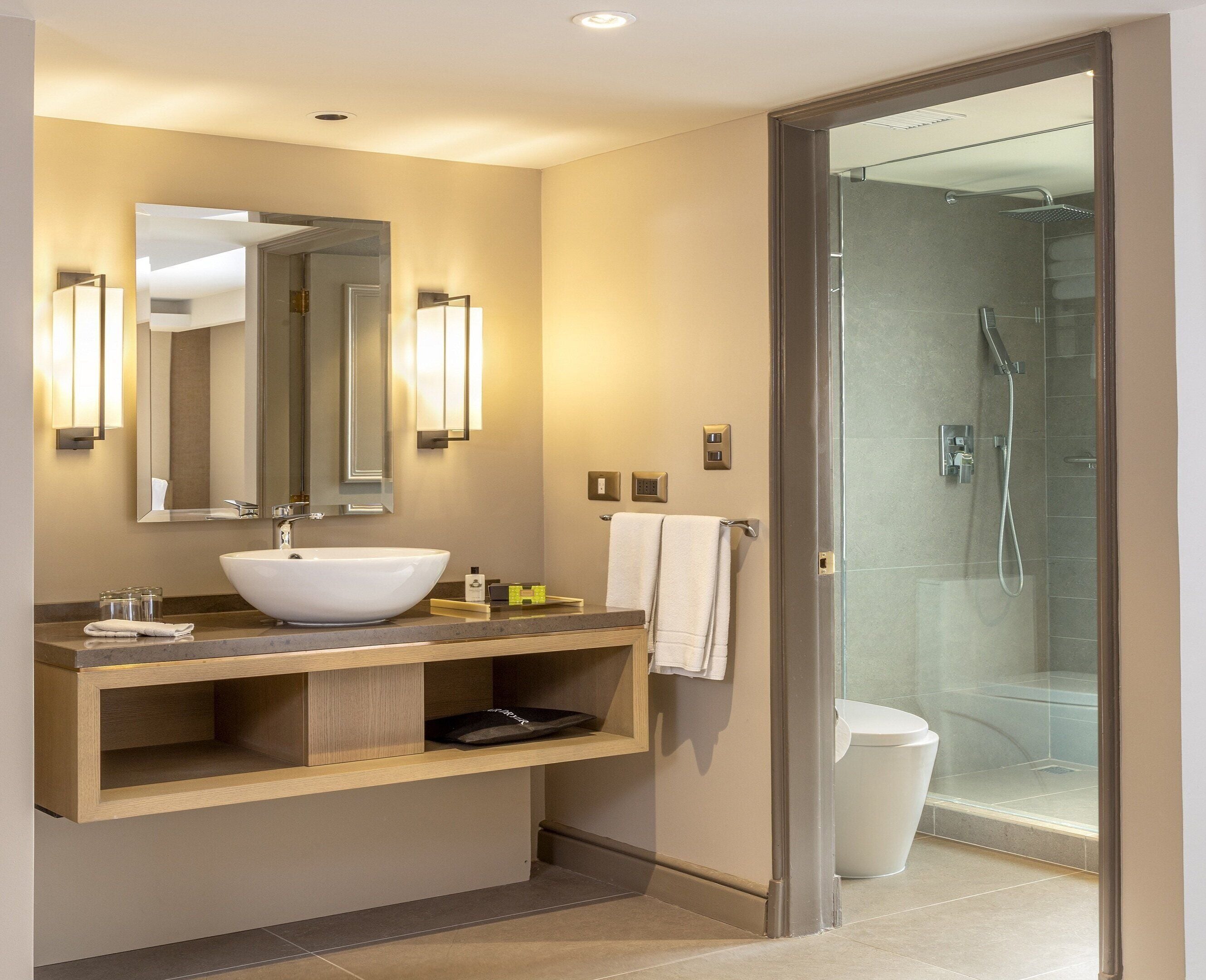 A modern bathroom with a large sink, mirror, and glass shower enclosure.