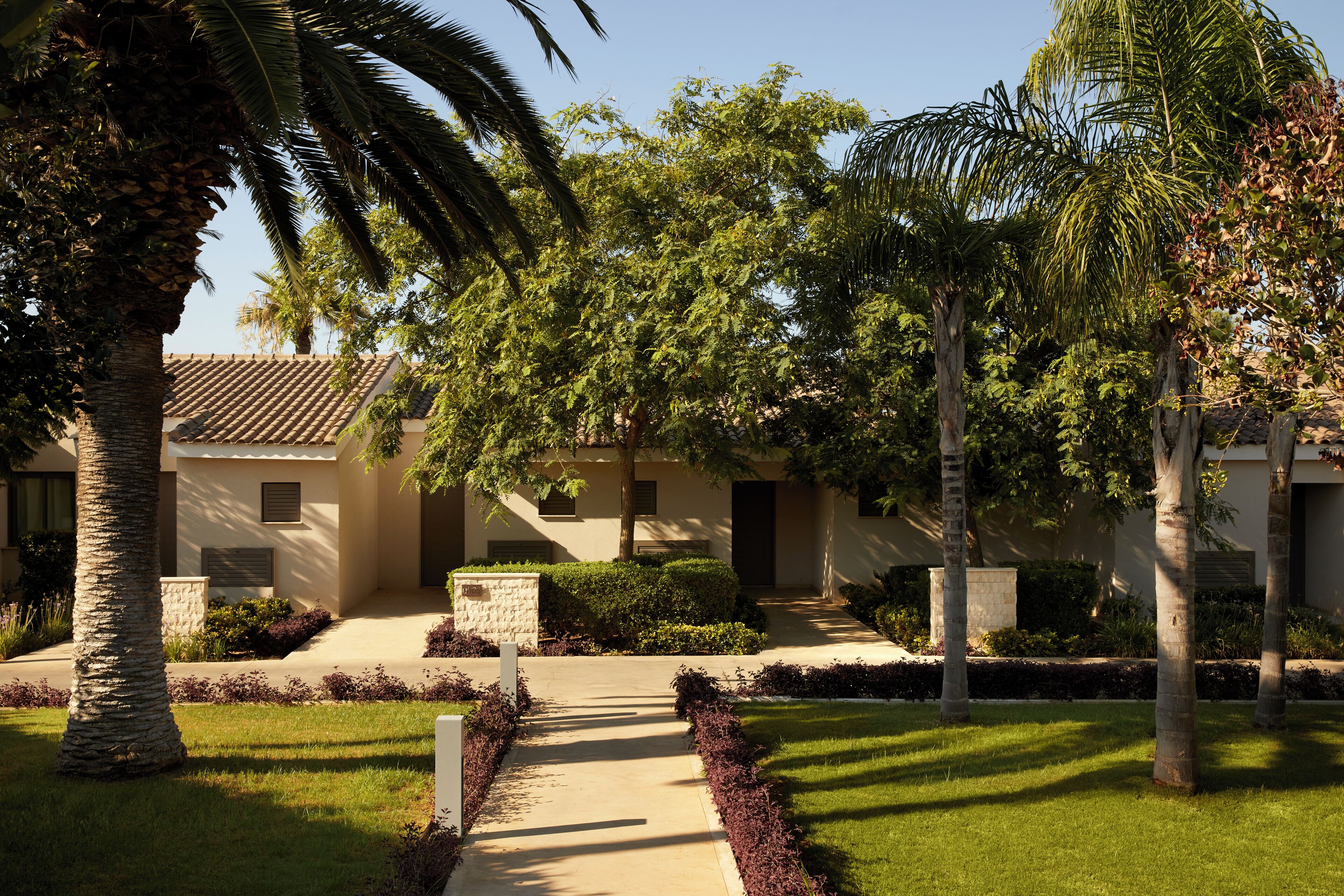 A residential area with a pathway leading to a house with a tiled roof, surrounded by palm trees and well-maintained lawns.