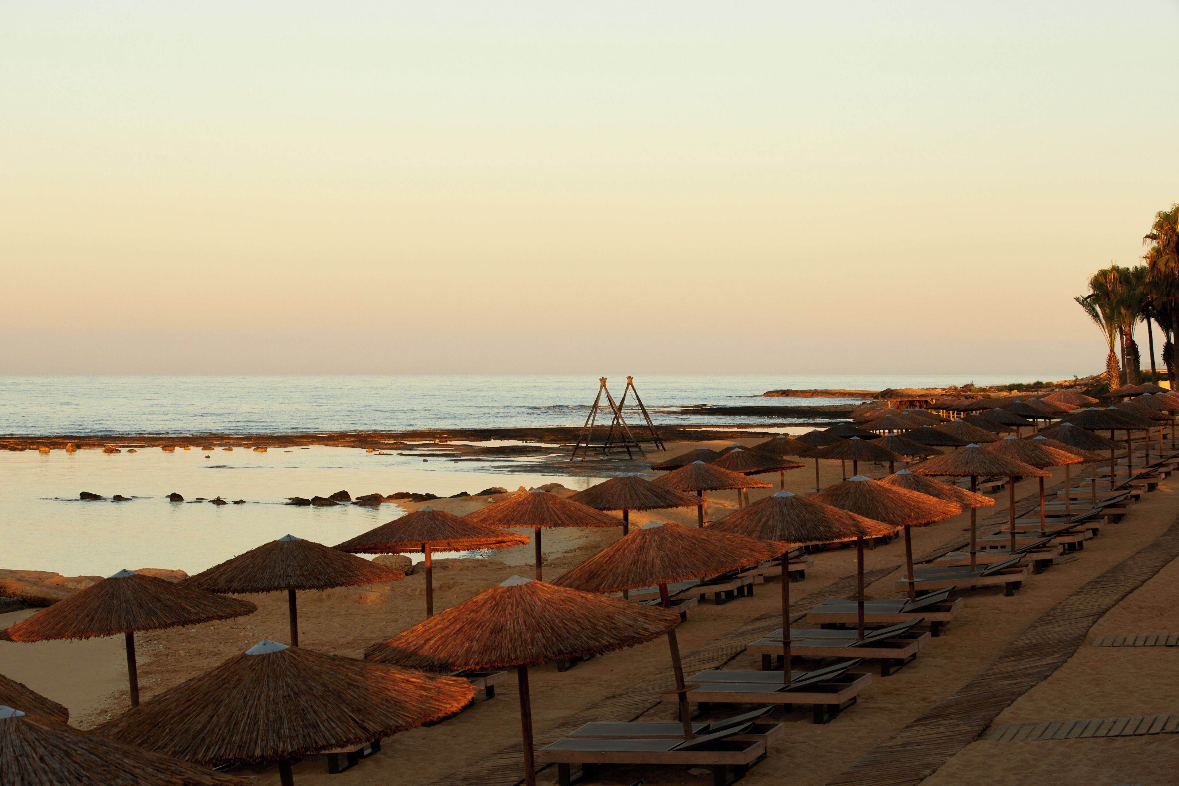 Una spiaggia con ombrelloni di paglia e lettini di legno disposti in file.