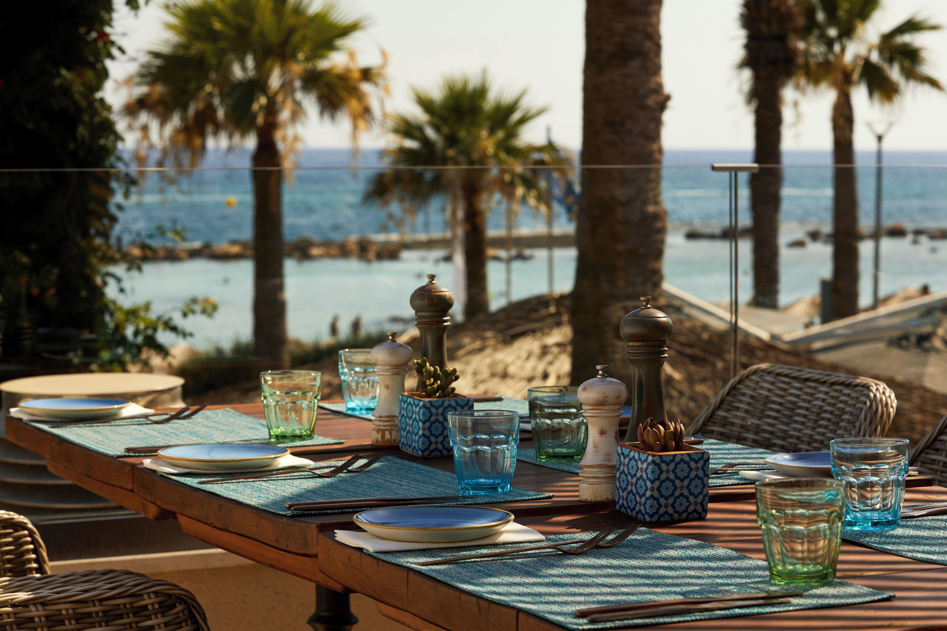 A dining table set with plates, glasses, and cutlery, overlooking a beach with palm trees and the ocean.