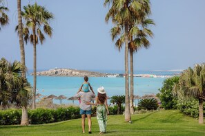 A couple walking on a grassy area with palm trees and a view of the sea.