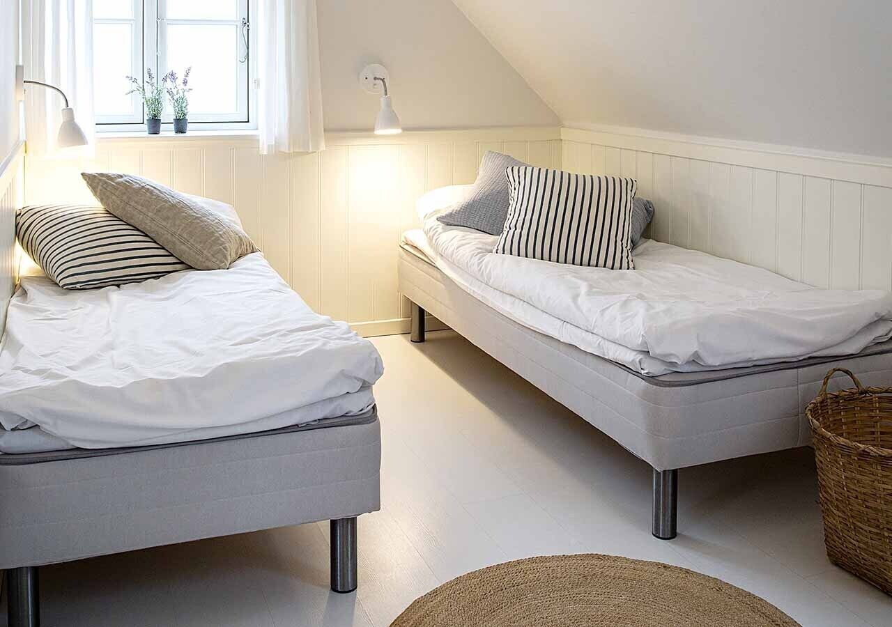 A dormitory room with two single beds, a window with curtains, a wall-mounted lamp, and a small plant on the sill.