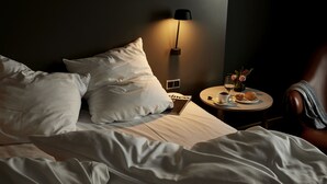 Un lit bien fait, avec du linge de lit blanc et des oreillers, une table de chevet avec une lampe, un petit vase avec des fleurs et une tasse de café.
