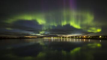 A night scene with the Northern Lights reflected on a calm body of water, with a city skyline in the background.