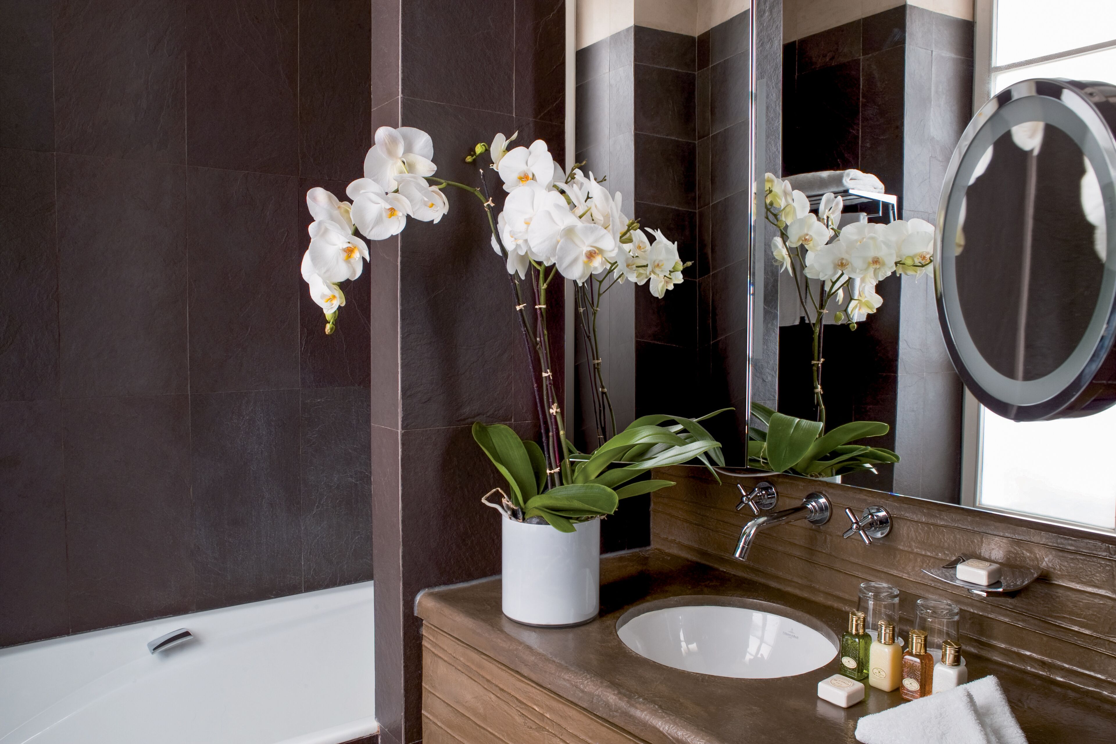 combined shower/bathtub, designer toiletries, hair dryer, bathrobes