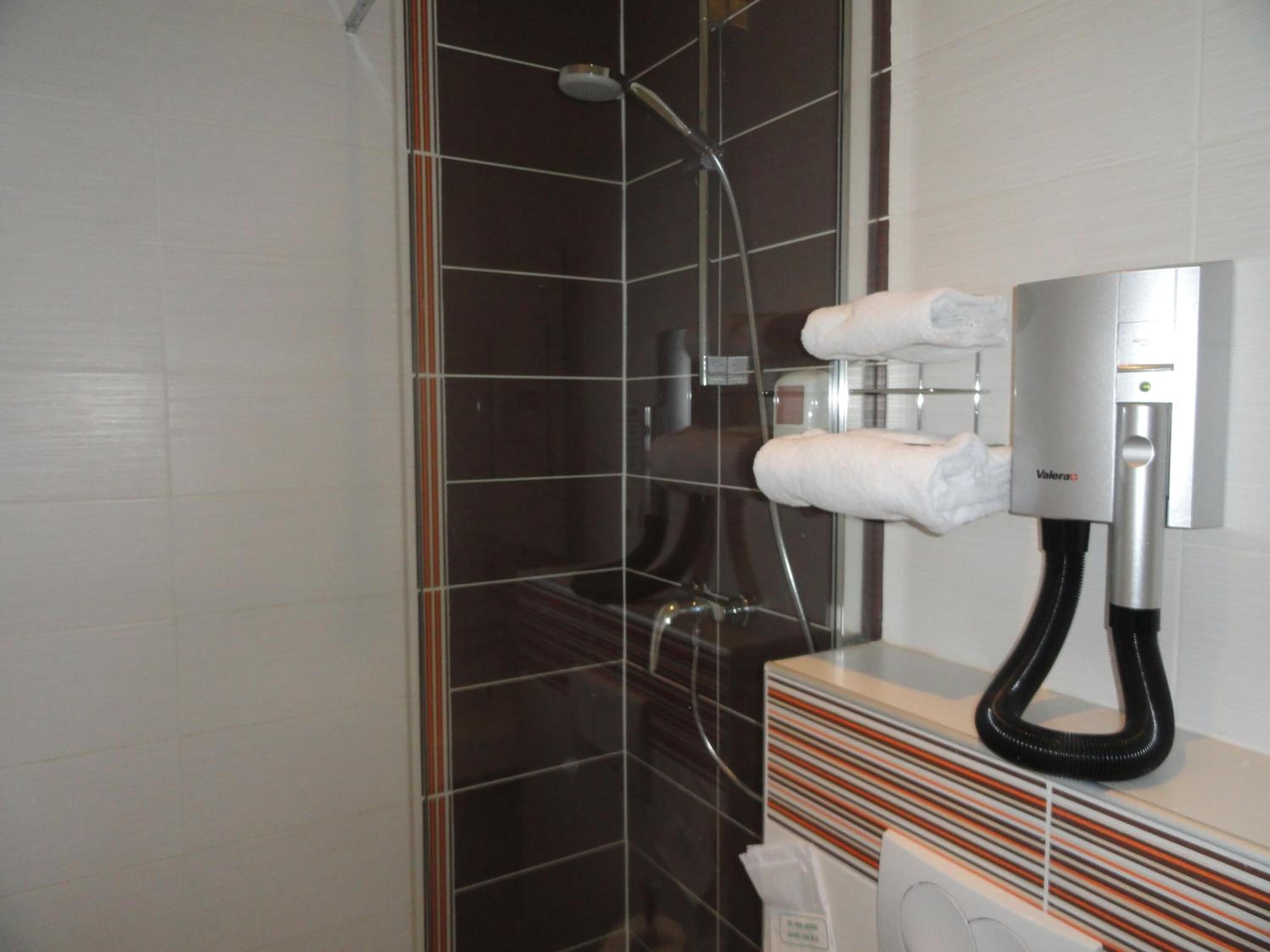 combined shower/bathtub, free toiletries, hair dryer, towels