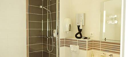 A modern bathroom with a glass-enclosed shower, a white toilet, and a sink with a mirror above it.