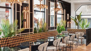 Un restaurant moderne doté d’un long comptoir, de plusieurs espaces de restauration et de grandes fenêtres.