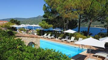 Outdoor pool, pool umbrellas, pool loungers