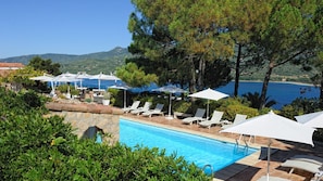 Outdoor pool, pool umbrellas, pool loungers