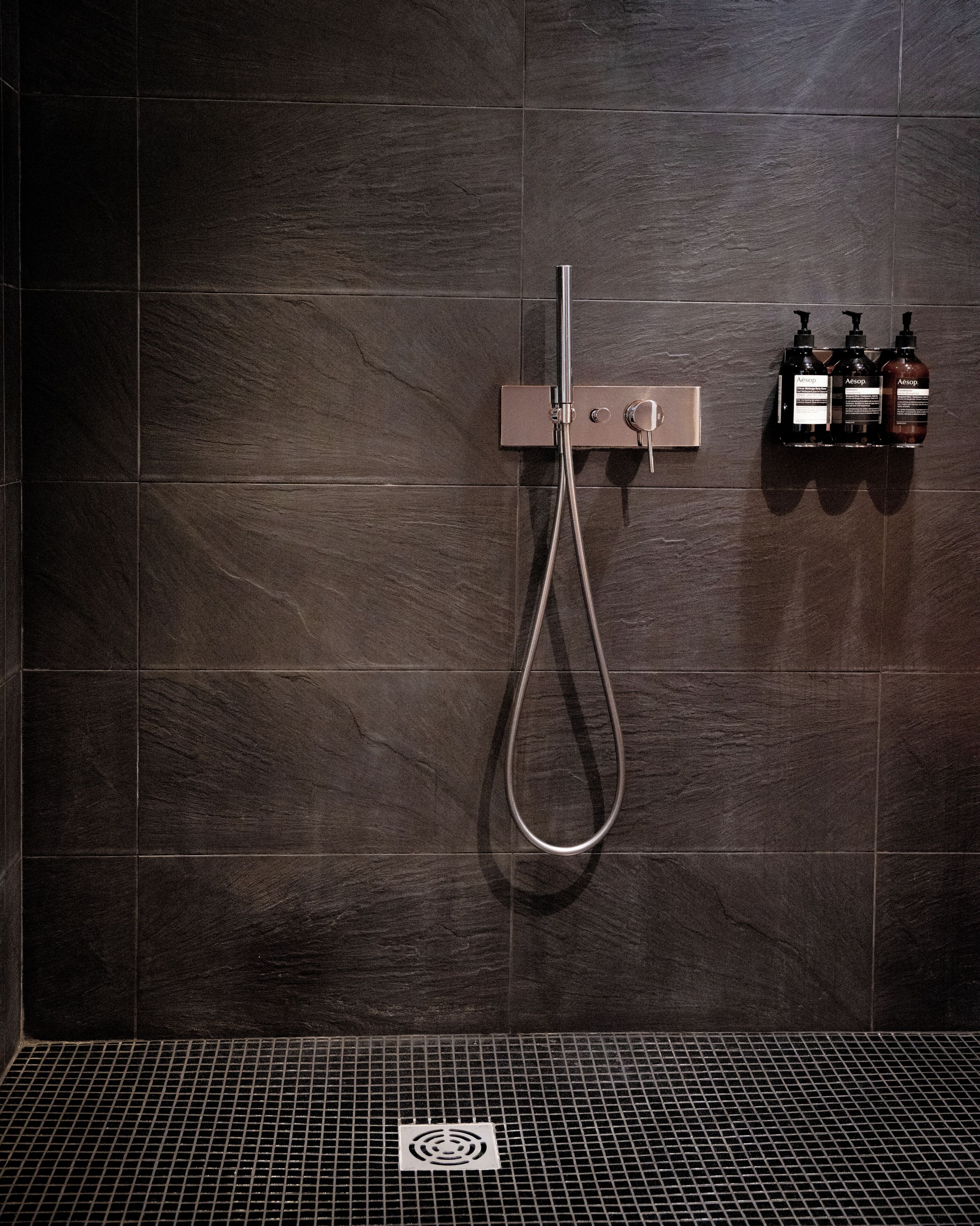 Eine moderne Dusche mit Handbrause und einer fest installierten Bedienblende.